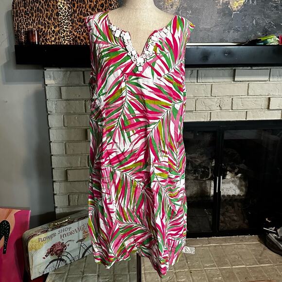 RUBY Rd Tropical Embellished Pink Green Shift Dress Women’s Size 14 - Picture 1 of 9